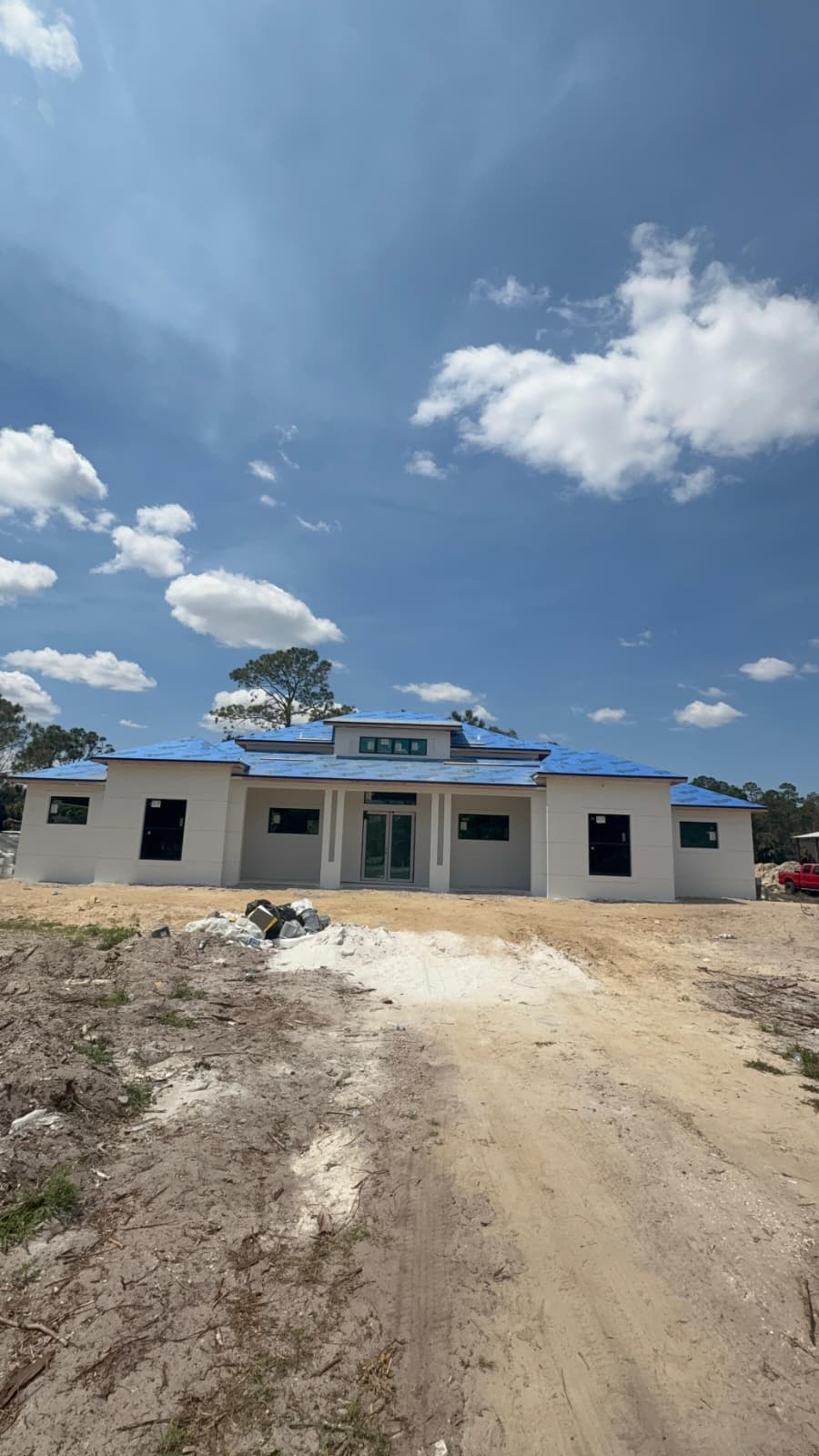 Home exterior nearing completion from the rear elevation